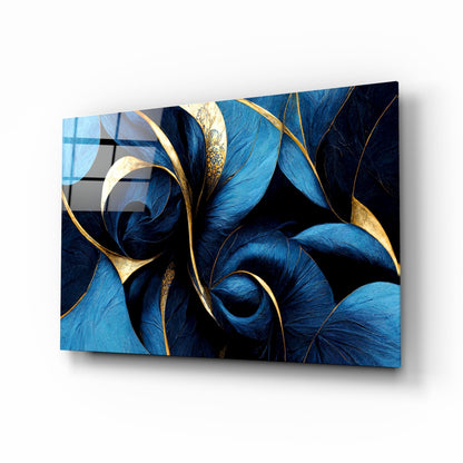 Sapphire Feather Spirals Gold Leaf Glass Wall Art