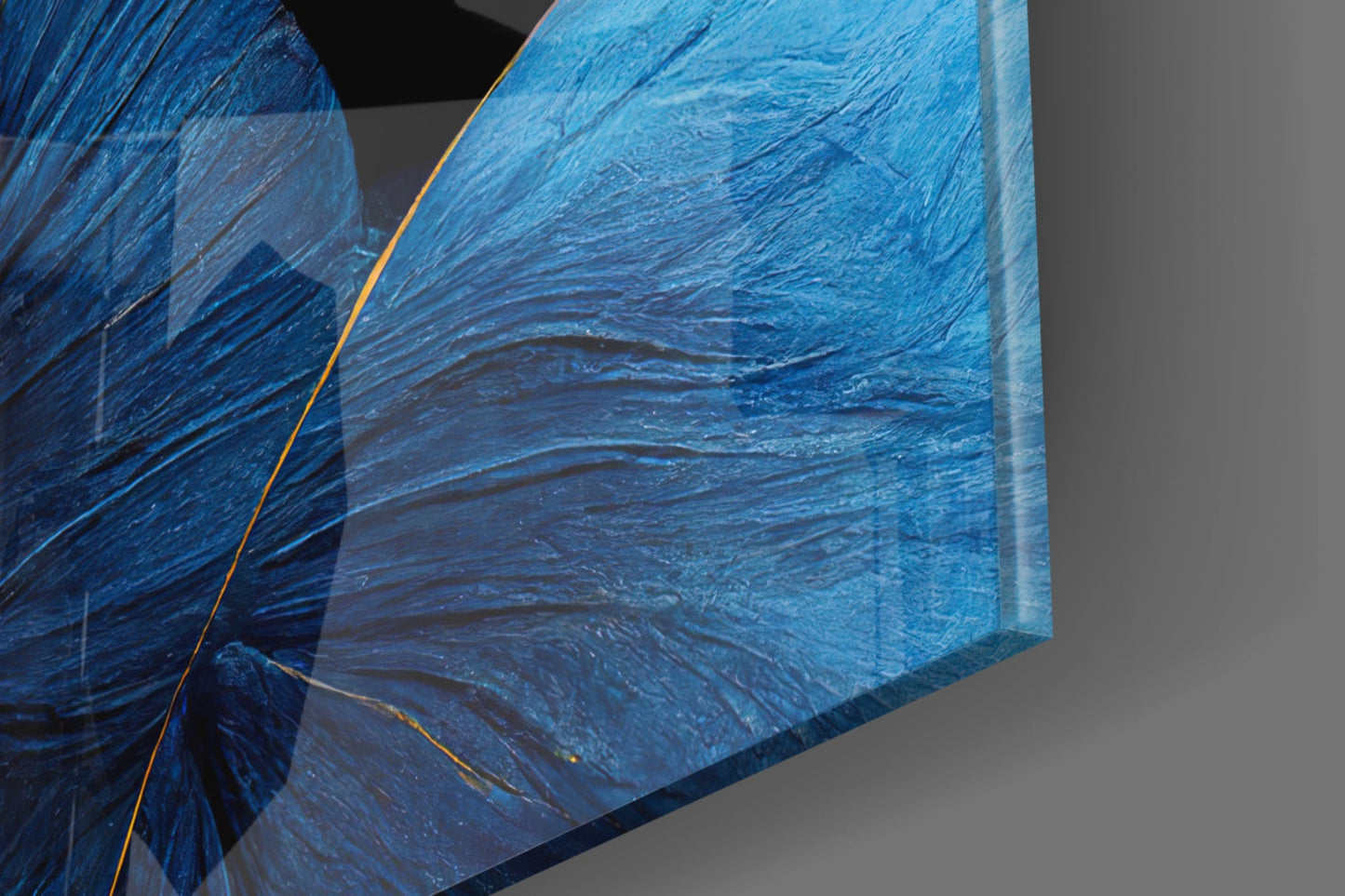 Sapphire Feather Spirals Gold Leaf Glass Wall Art