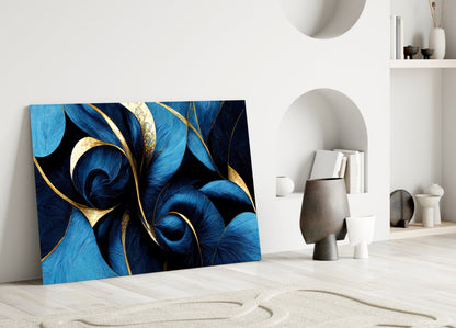 Sapphire Feather Spirals Gold Leaf Glass Wall Art