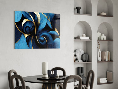 Sapphire Feather Spirals Gold Leaf Glass Wall Art