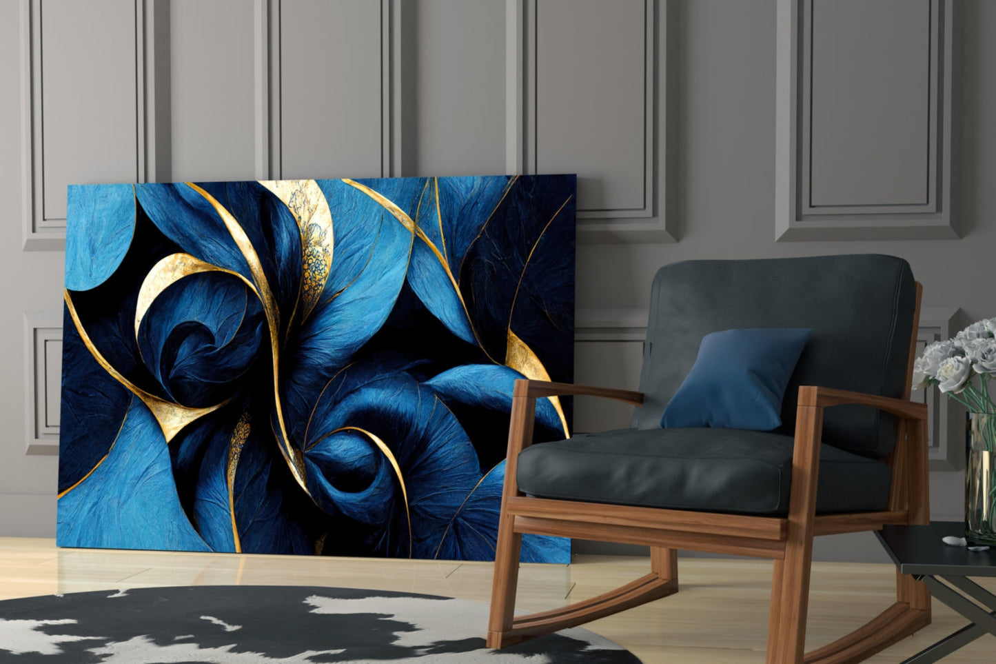 Sapphire Feather Spirals Gold Leaf Glass Wall Art