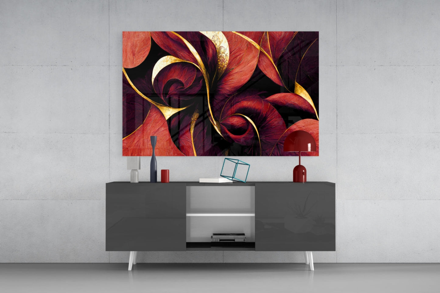 Crimson Petal Swirls Gold Ribbon Glass Wall Art