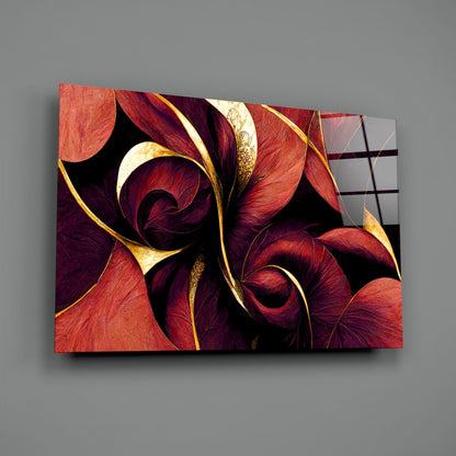 Crimson Petal Swirls Gold Ribbon Glass Wall Art