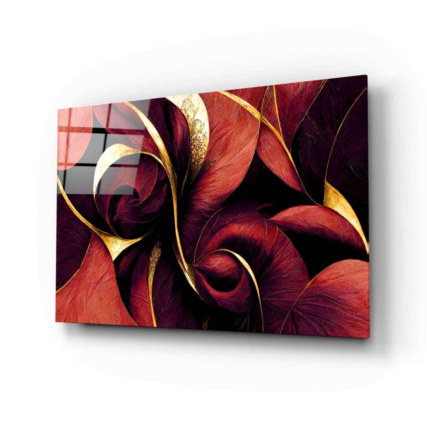 Crimson Petal Swirls Gold Ribbon Glass Wall Art
