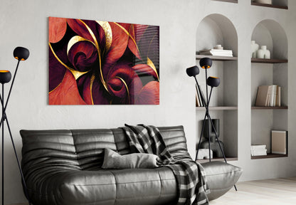 Crimson Petal Swirls Gold Ribbon Glass Wall Art