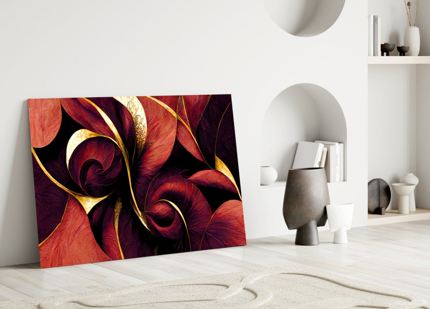 Crimson Petal Swirls Gold Ribbon Glass Wall Art