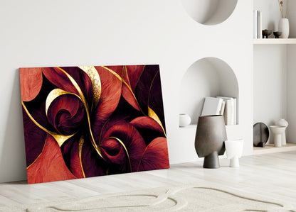 Crimson Petal Swirls Gold Ribbon Glass Wall Art