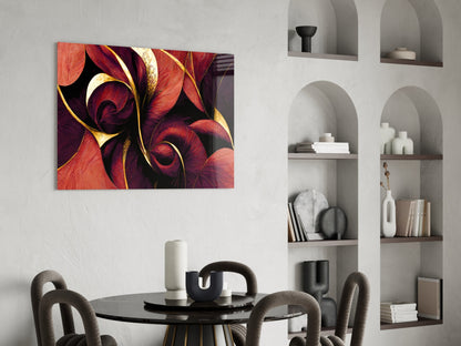 Crimson Petal Swirls Gold Ribbon Glass Wall Art