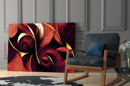 Crimson Petal Swirls Gold Ribbon Glass Wall Art