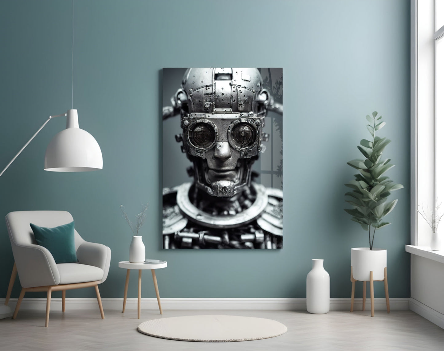 Black and white glass wall art depicting mechanical humanoid head with gear eyes, displayed in modern teal room with chair and plants.