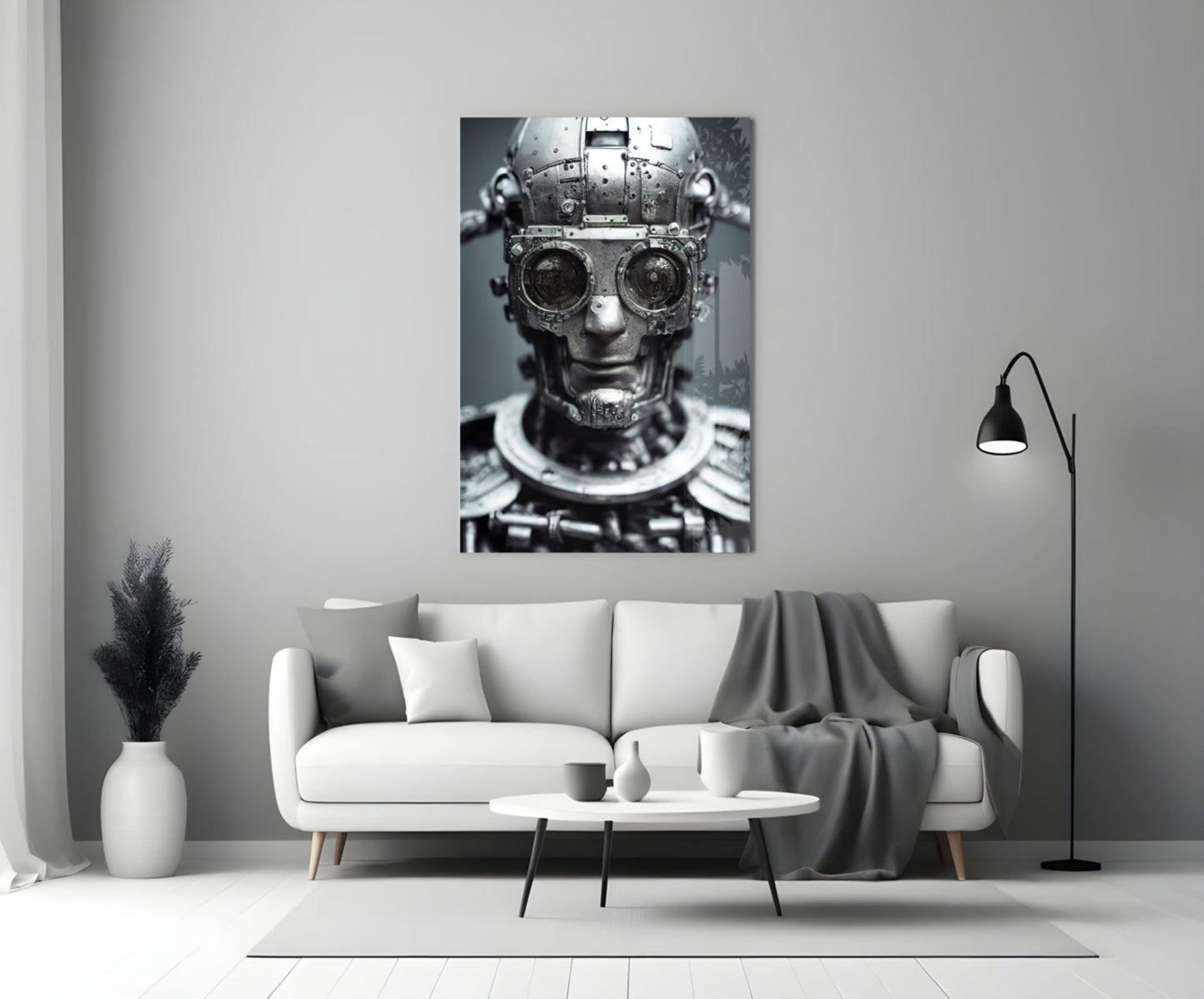 Monochromatic steampunk portrait artwork displayed on white living room wall above contemporary sofa.