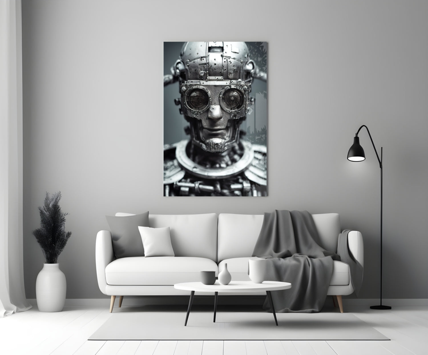 Monochromatic steampunk portrait artwork displayed on white living room wall above contemporary sofa.