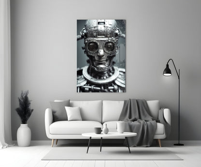 Monochromatic steampunk portrait artwork displayed on white living room wall above contemporary sofa.