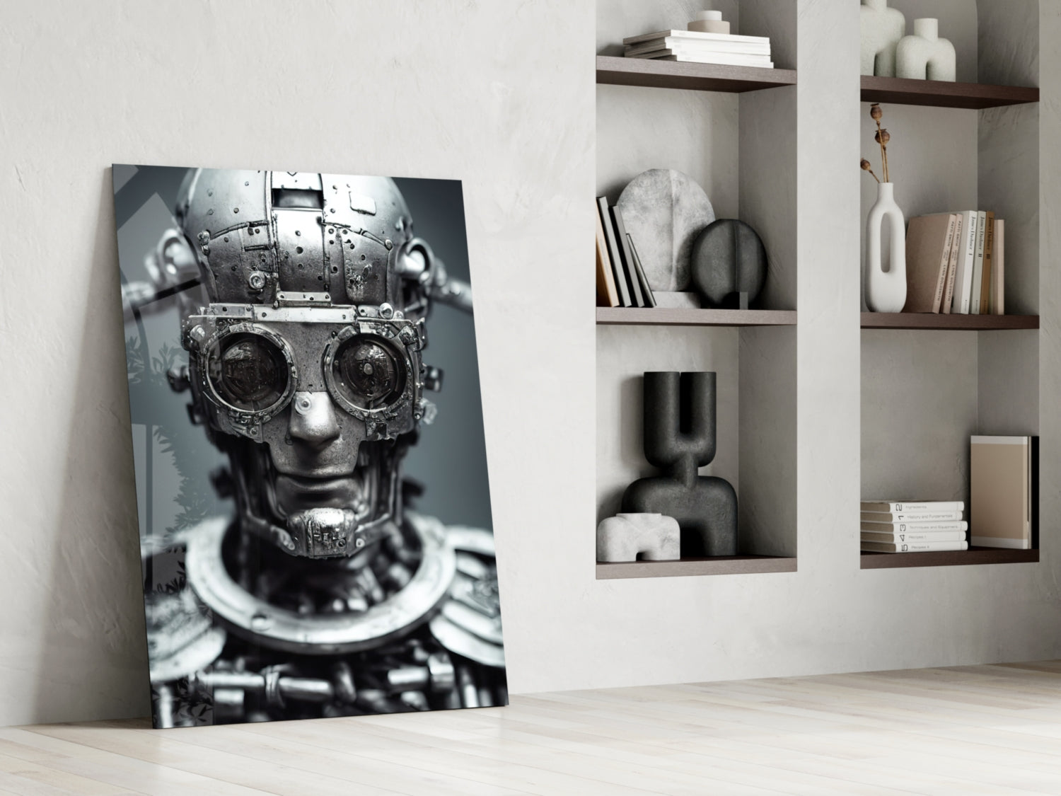 Monochromatic mechanical skull artwork leaning against white wall beside shelving unit displaying decorative objects and books.