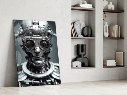 Monochromatic mechanical skull artwork leaning against white wall beside shelving unit displaying decorative objects and books.