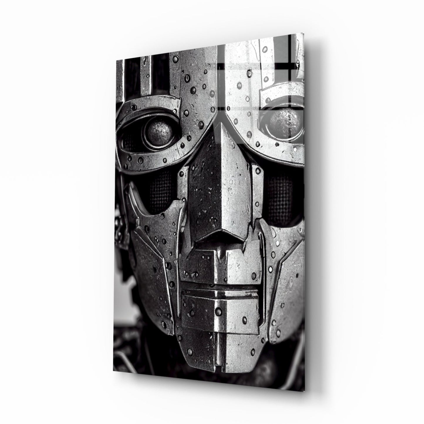 Black and white photograph of a metallic robotic head with riveted armor plating, displayed as a mounted canvas print with shadow depth effect.