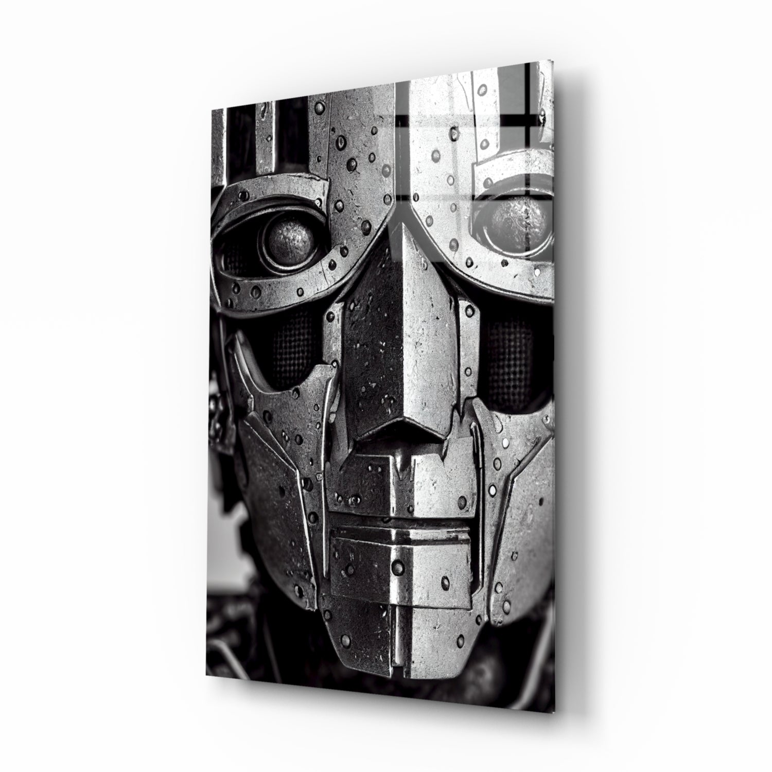 Black and white photograph of a metallic robotic head with riveted armor plating, displayed as a mounted canvas print with shadow depth effect.
