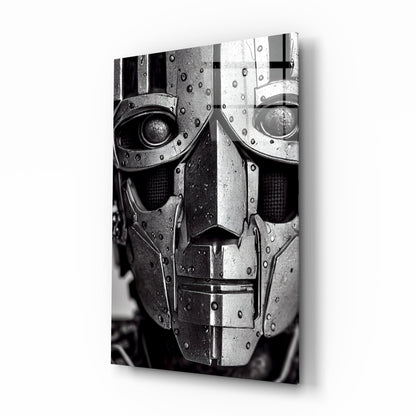 Black and white photograph of a metallic robotic head with riveted armor plating, displayed as a mounted canvas print with shadow depth effect.