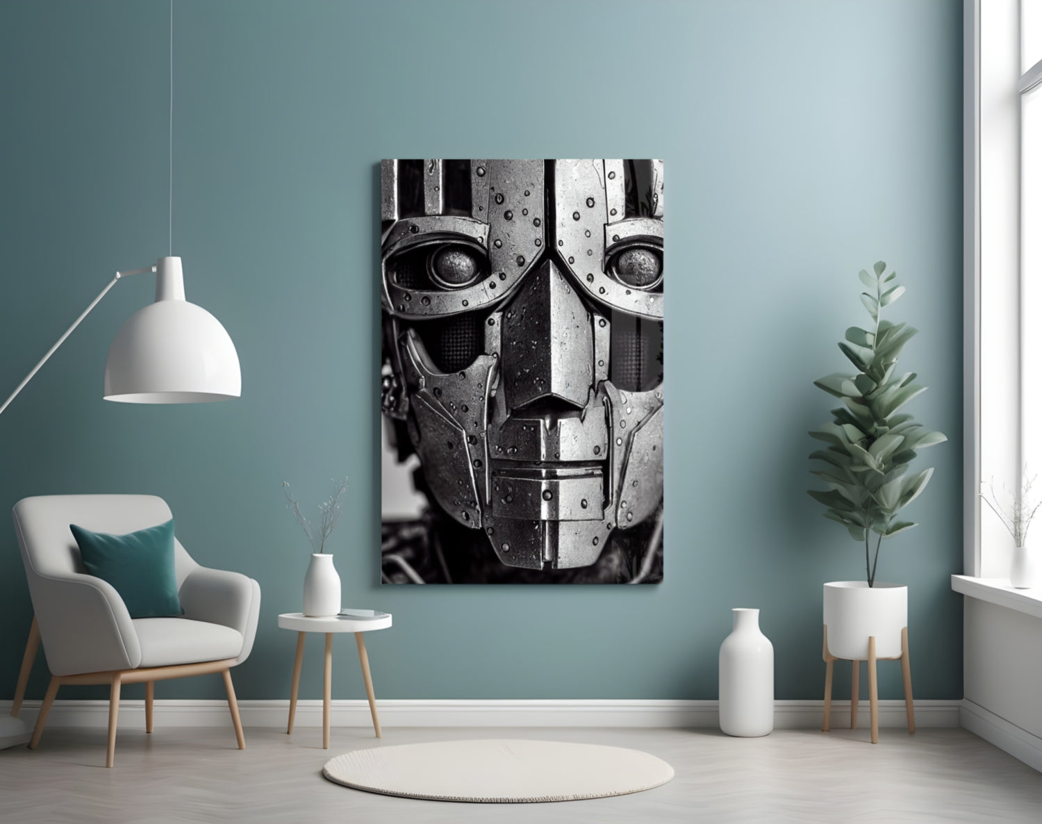 Black and white metallic robotic face artwork displayed on turquoise wall above white chair and potted plant.