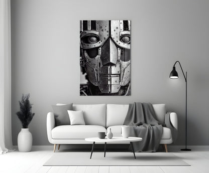 Black and white metallic robot head artwork displayed above white sofa in minimalist living room setting.