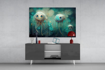 Framed artwork displaying three translucent jellyfish with large blue eyes suspended in turquoise water, hung above a dark media console with red accents.
