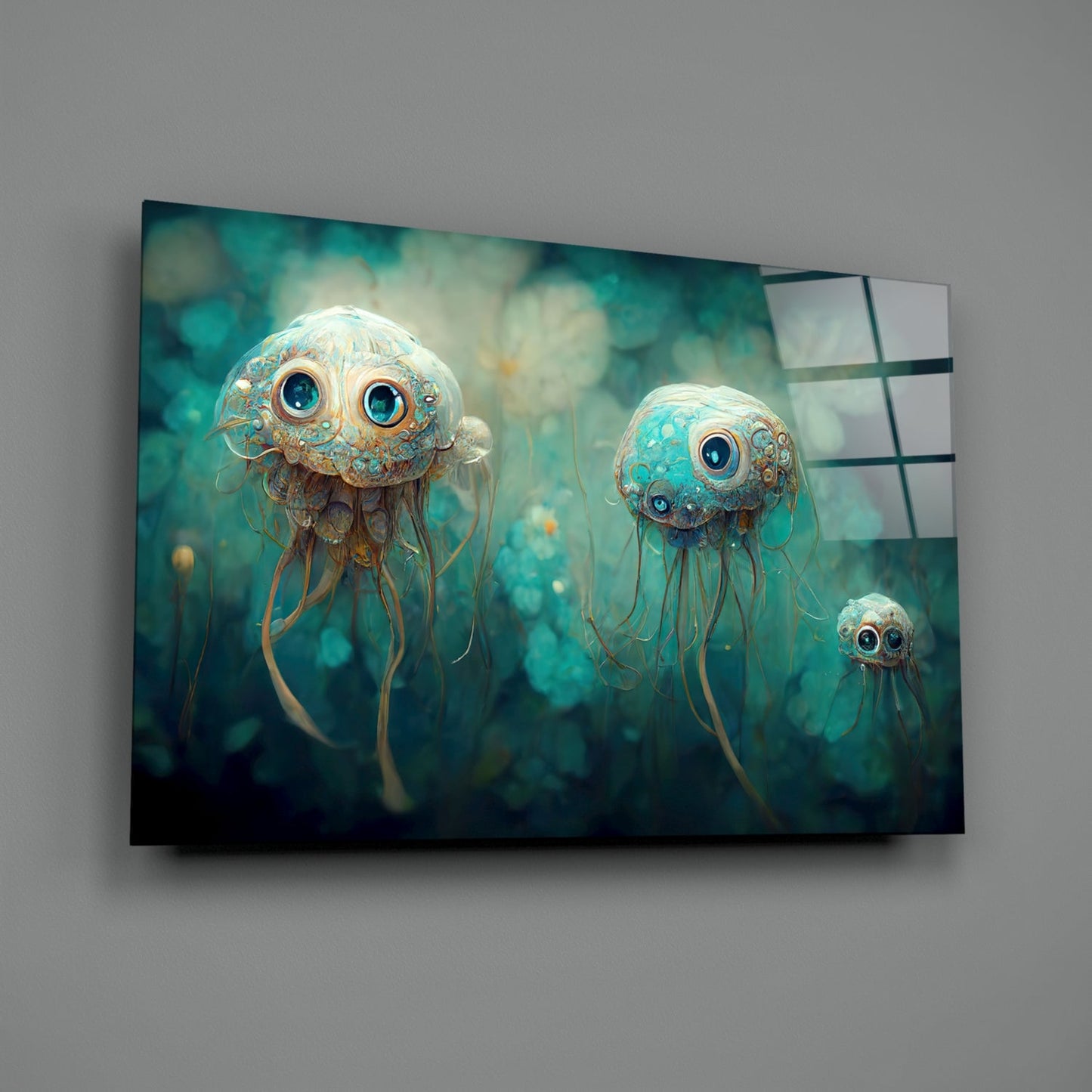 Three steampunk-inspired jellyfish with large blue eyes and ornate metallic shells suspended in turquoise underwater scene on glass art panel.