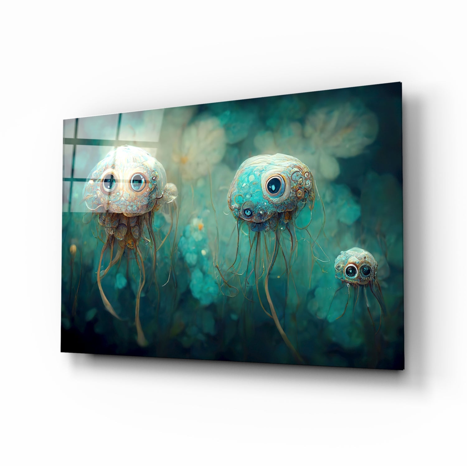 Three ornate steampunk-style jellyfish with intricate turquoise and gold patterned domes and trailing tentacles swimming in a teal underwater environment.