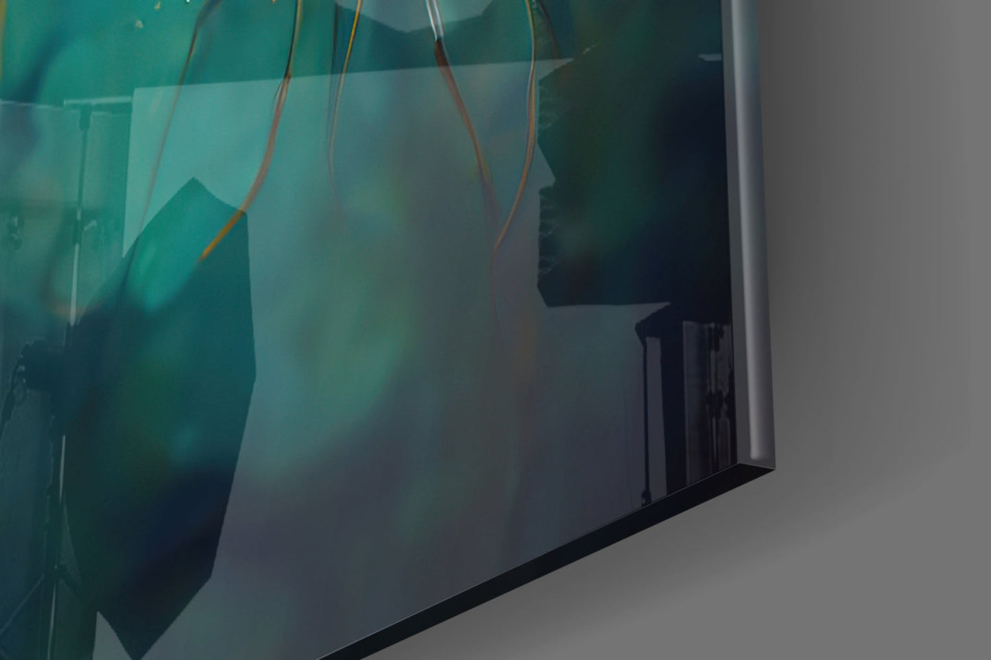 Close-up side view of turquoise and teal glass art panel with copper wiring details and black base edge.