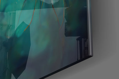 Close-up side view of turquoise and teal glass art panel with copper wiring details and black base edge.