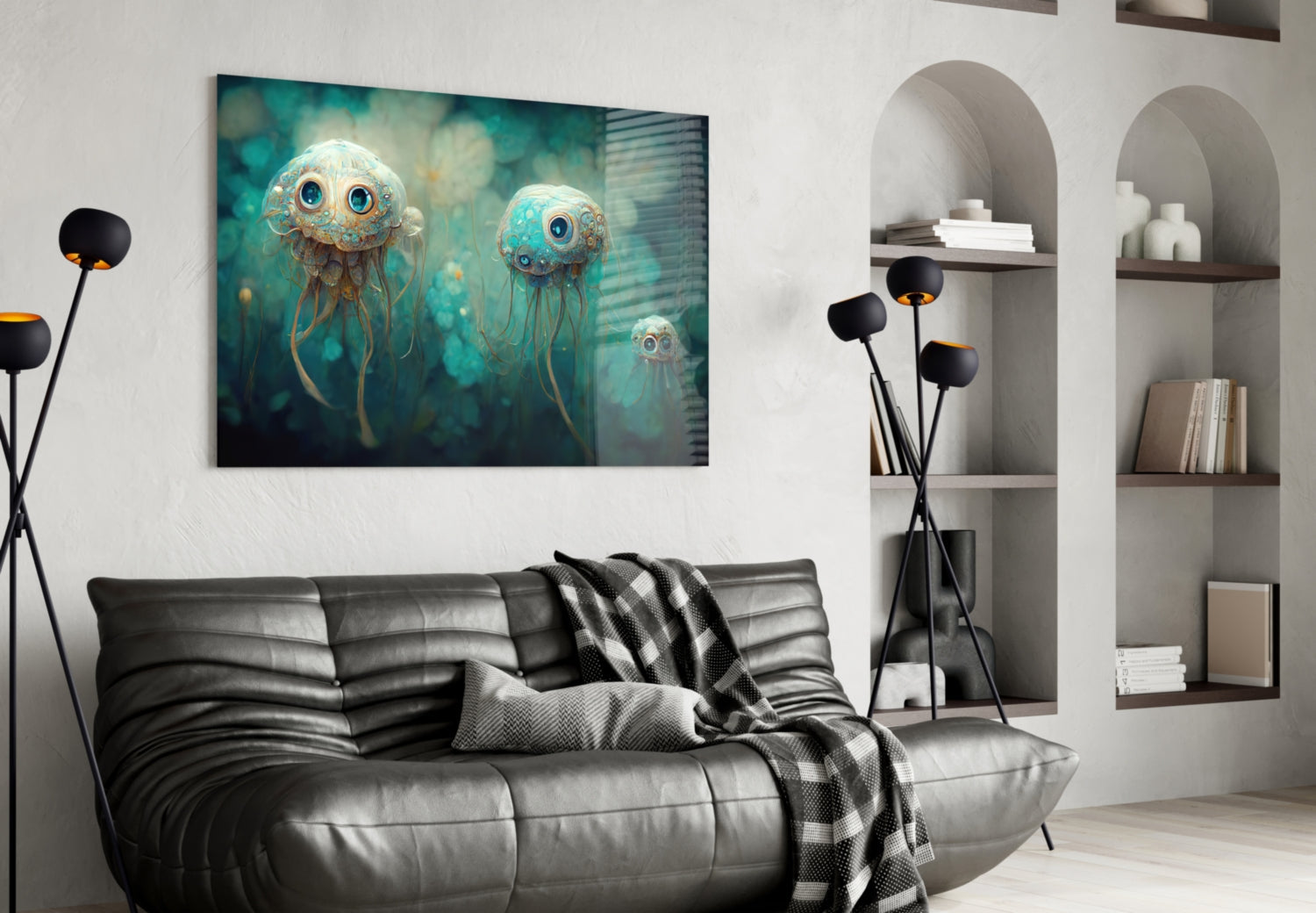 Contemporary living room interior featuring a framed canvas artwork of stylized jellyfish with large blue eyes displayed above a black leather sofa.