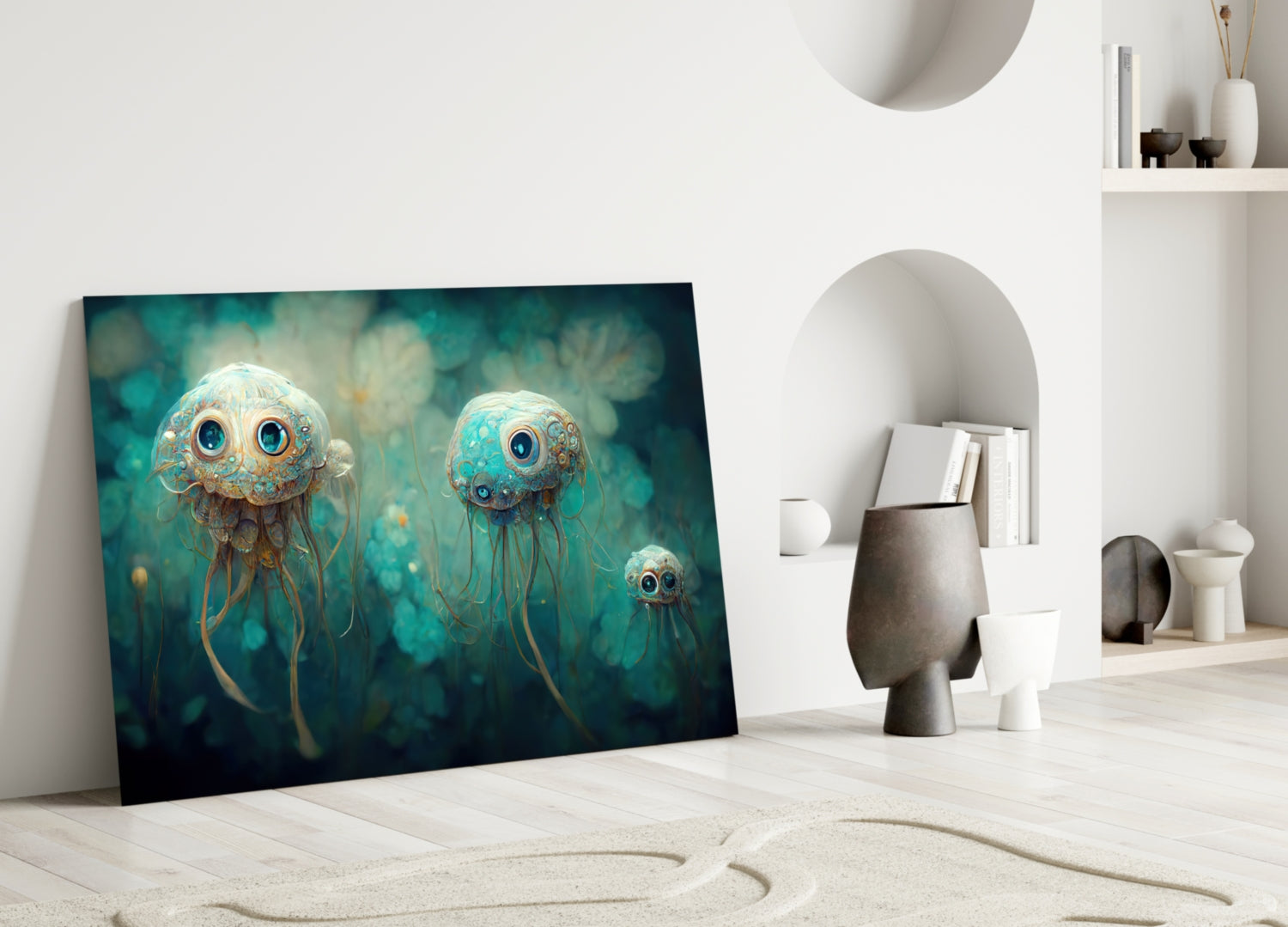 Framed glass art depicting three whimsical jellyfish creatures with large blue eyes and ornate golden details in turquoise underwater setting, leaning against white wall near decorative objects.