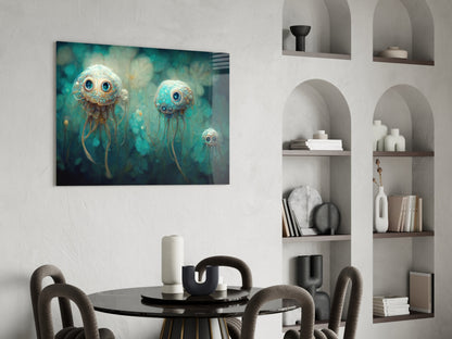 Whimsical jellyfish-inspired glass art with luminous blue eyes displayed above a modern dining table in a minimalist interior.
