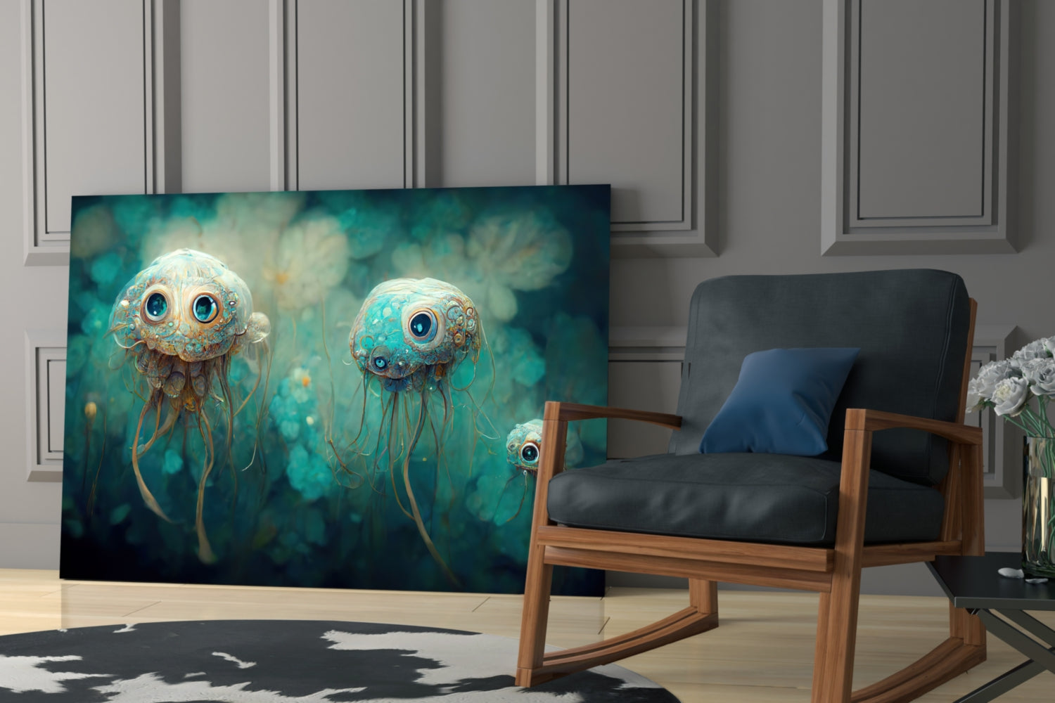 Whimsical glass jellyfish art with turquoise and gold tones displayed in modern living room setting.