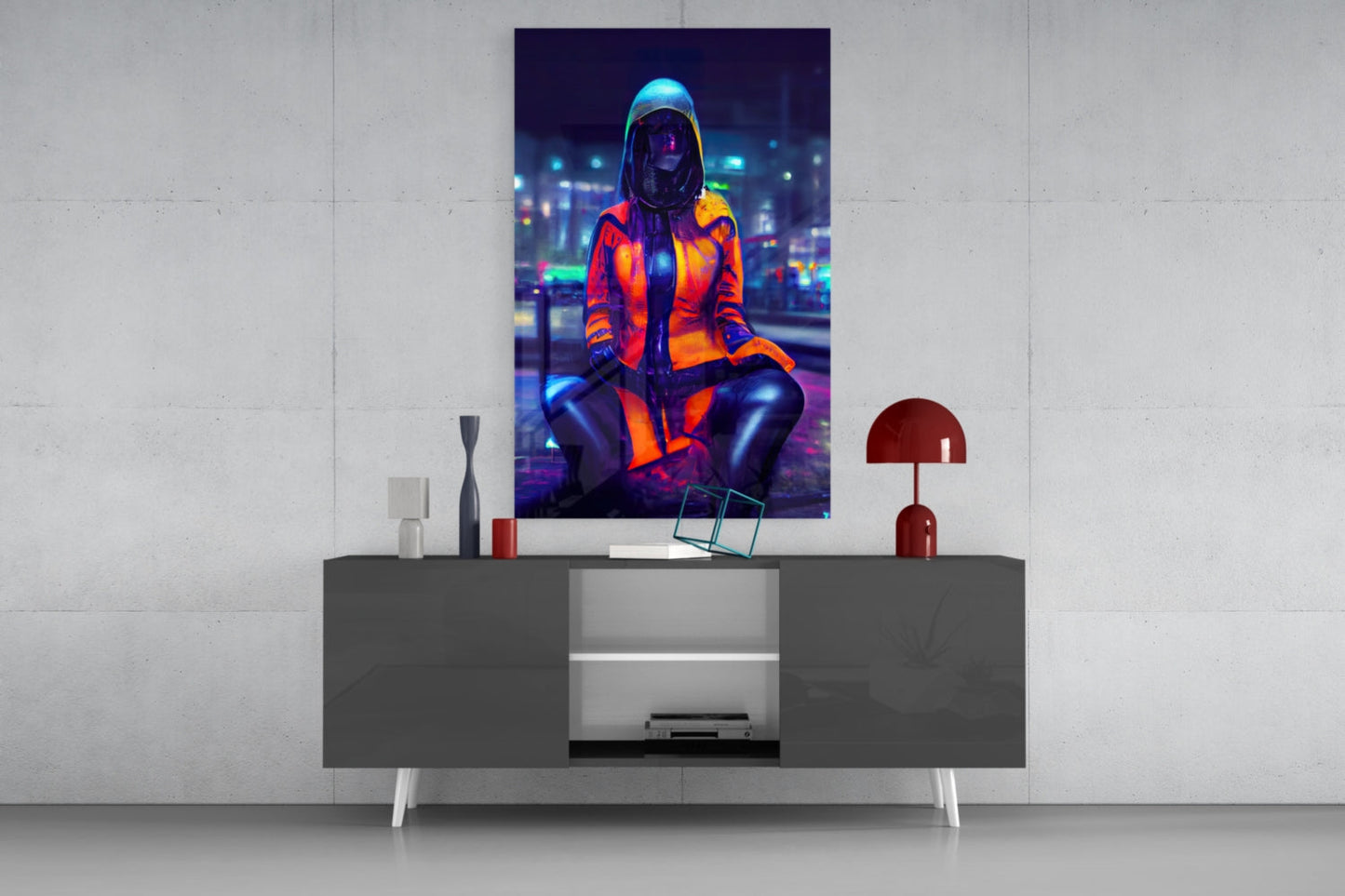 Neon-lit cyberpunk portrait of hooded figure in orange jacket displayed on wall above modern gray console table.