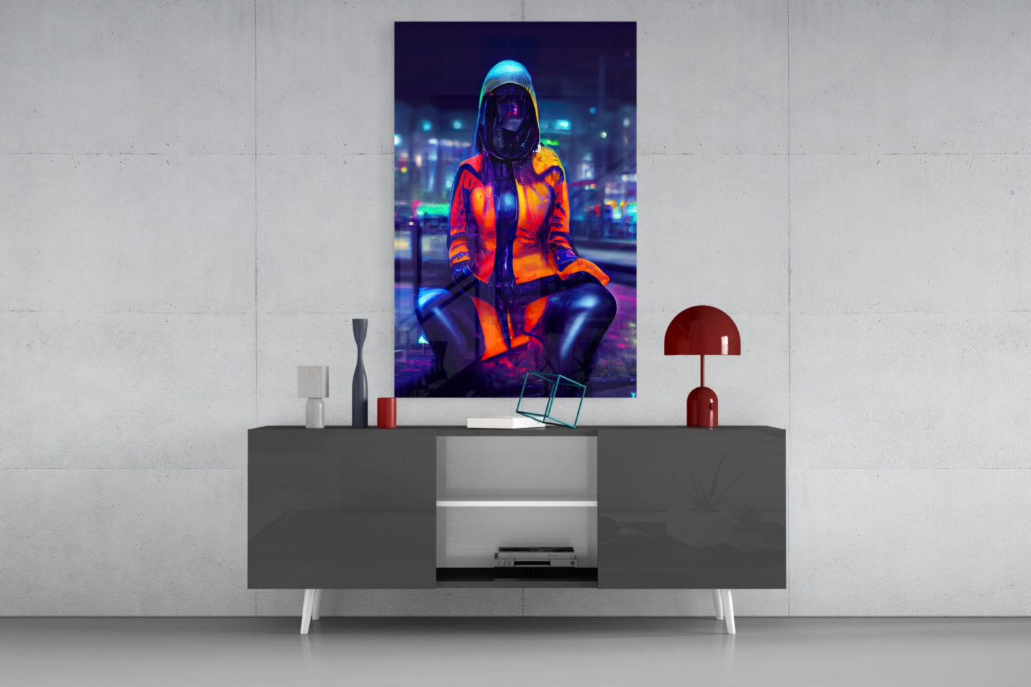 Neon-lit cyberpunk portrait of hooded figure in orange jacket displayed on wall above modern gray console table.