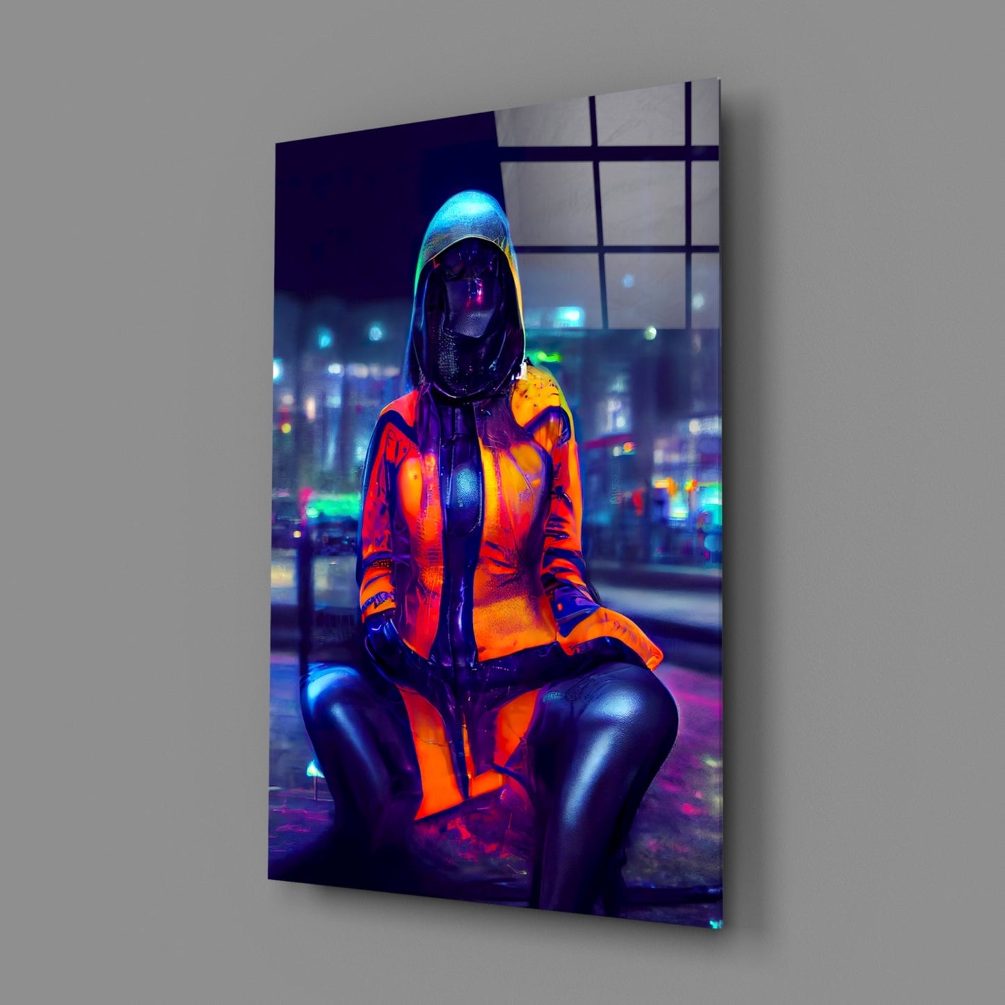 Angled view of glass wall art depicting a figure in neon orange and black outfit against a blurred cityscape backdrop with blue and purple lighting.