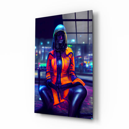 Glass wall art panel displaying a figure in neon orange and black outfit against a blurred cityscape background.