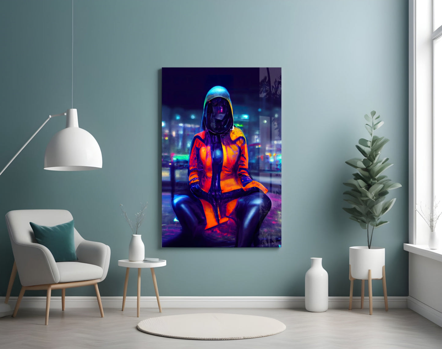 Glass wall art displaying neon-lit figure in orange jacket against blue cityscape, mounted in minimalist room with teal walls.