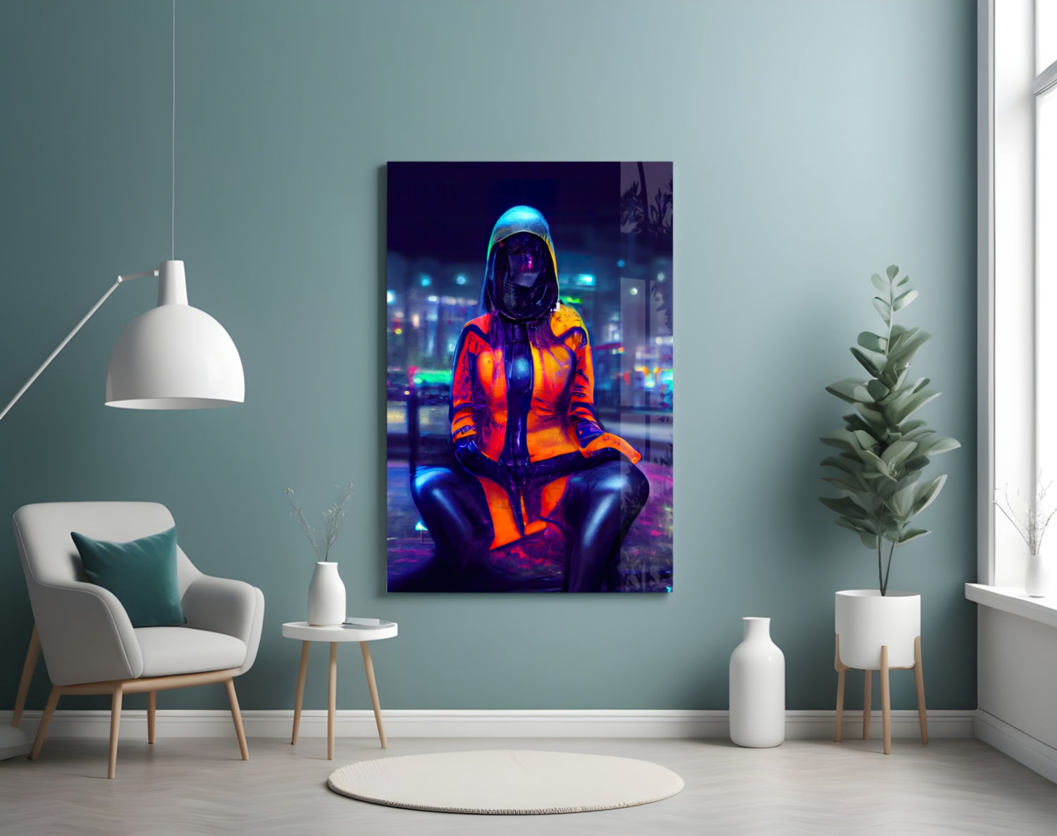 Glass wall art displaying neon-lit figure in orange jacket against blue cityscape, mounted in minimalist room with teal walls.