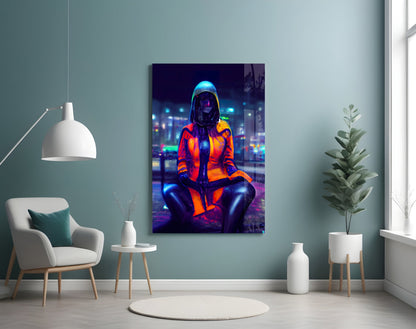 Glass wall art displaying neon-lit figure in orange jacket against blue cityscape, mounted in minimalist room with teal walls.
