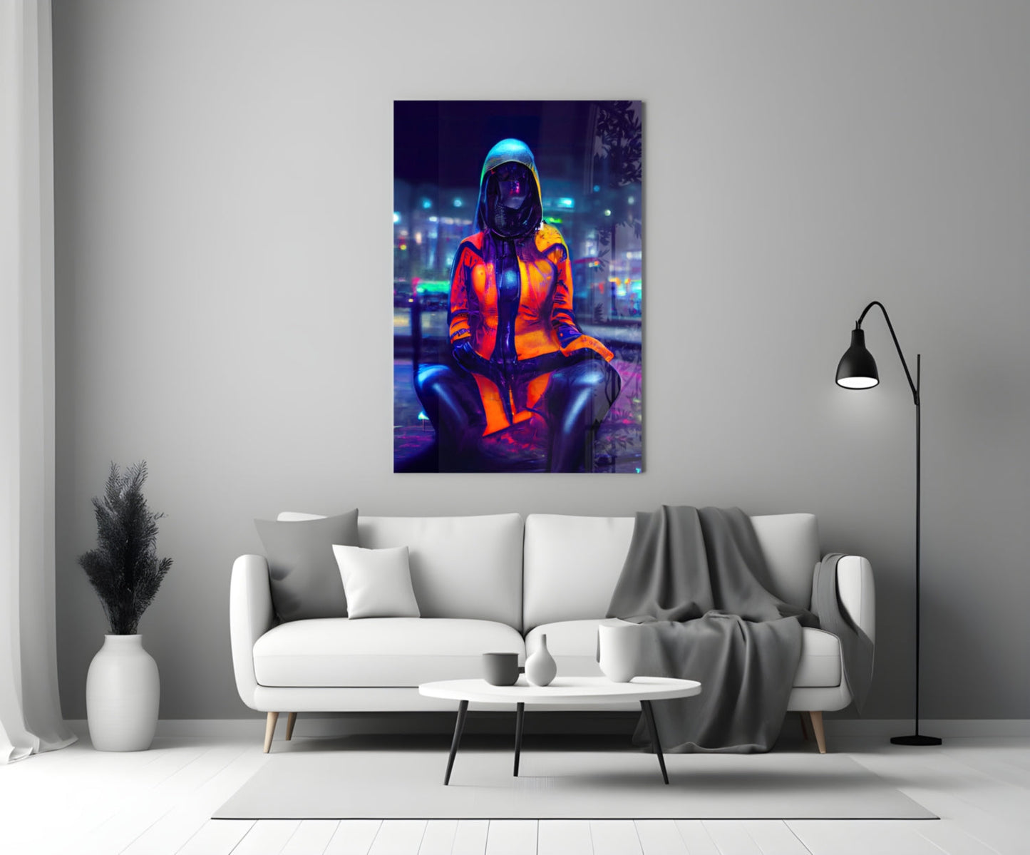 Neon-lit futuristic figure in orange and blue jacket displayed as glass wall art above modern white sofa in minimalist living room.