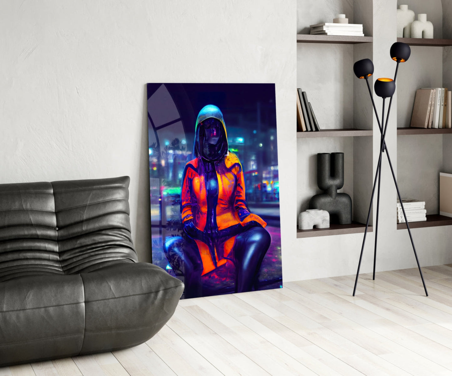 Neon-lit futuristic figure in red and orange jacket displayed as glass wall art in modern living room with gray sofa and shelving.