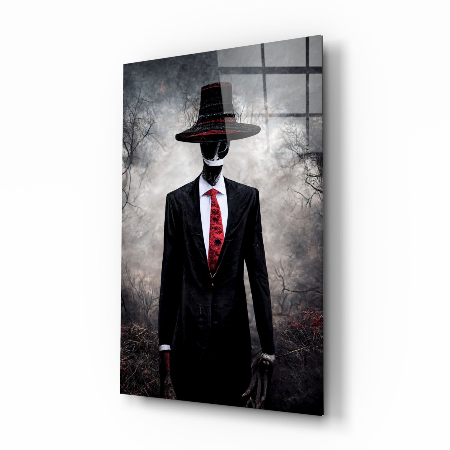A faceless figure in a black suit and red tie wears a wide-brimmed black hat, standing against a desolate forest backdrop on glass art.