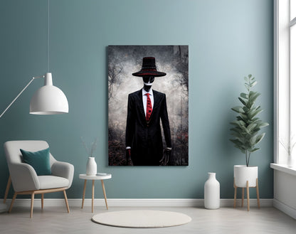 Dark figure in black suit and red tie wearing wide-brimmed hat displayed on teal wall in modern interior setting.