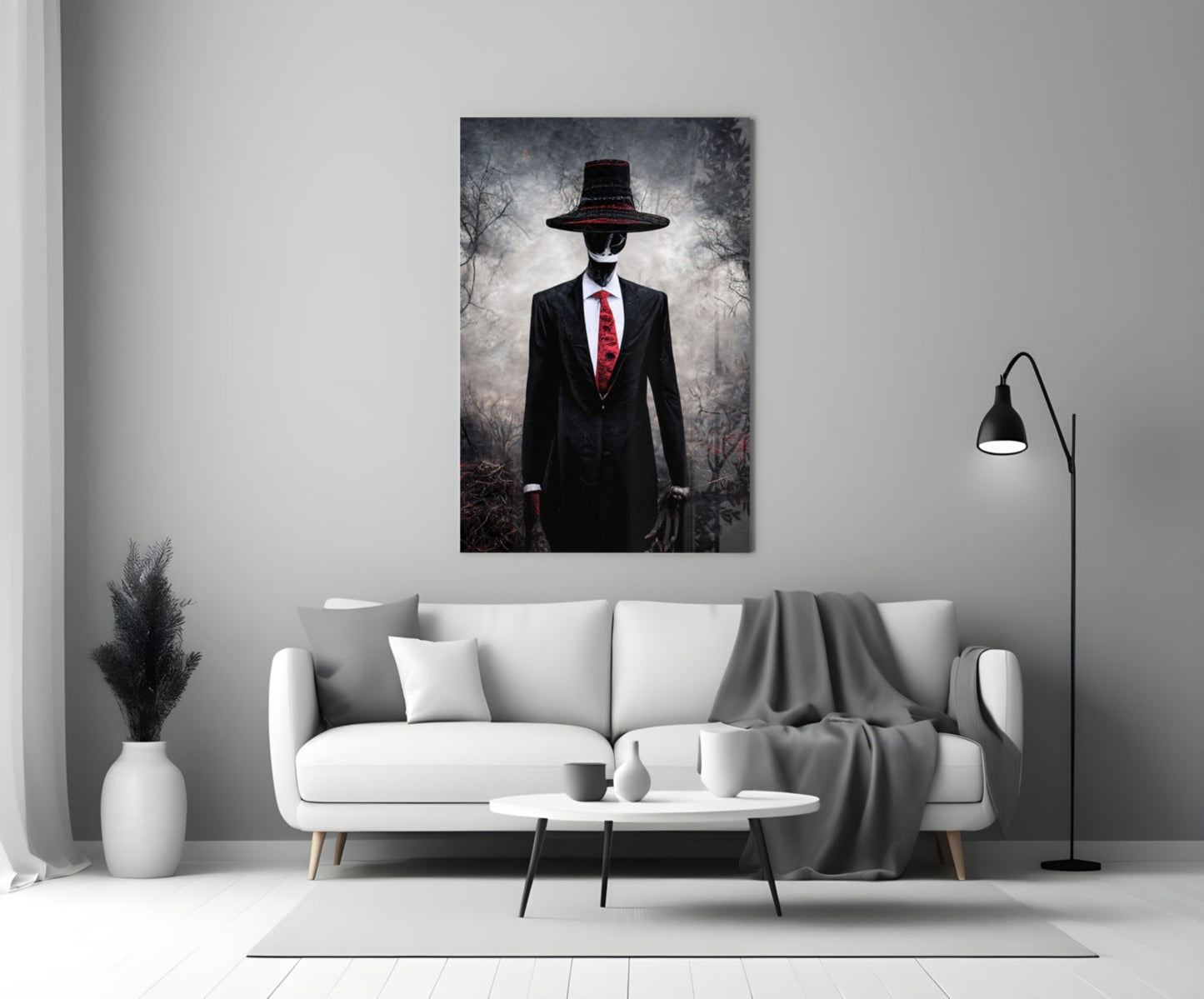 Glass art print featuring a figure in black suit and wide-brimmed hat with red tie against moody forest background, displayed above white sofa.