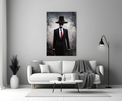 Glass art print featuring a figure in black suit and wide-brimmed hat with red tie against moody forest background, displayed above white sofa.