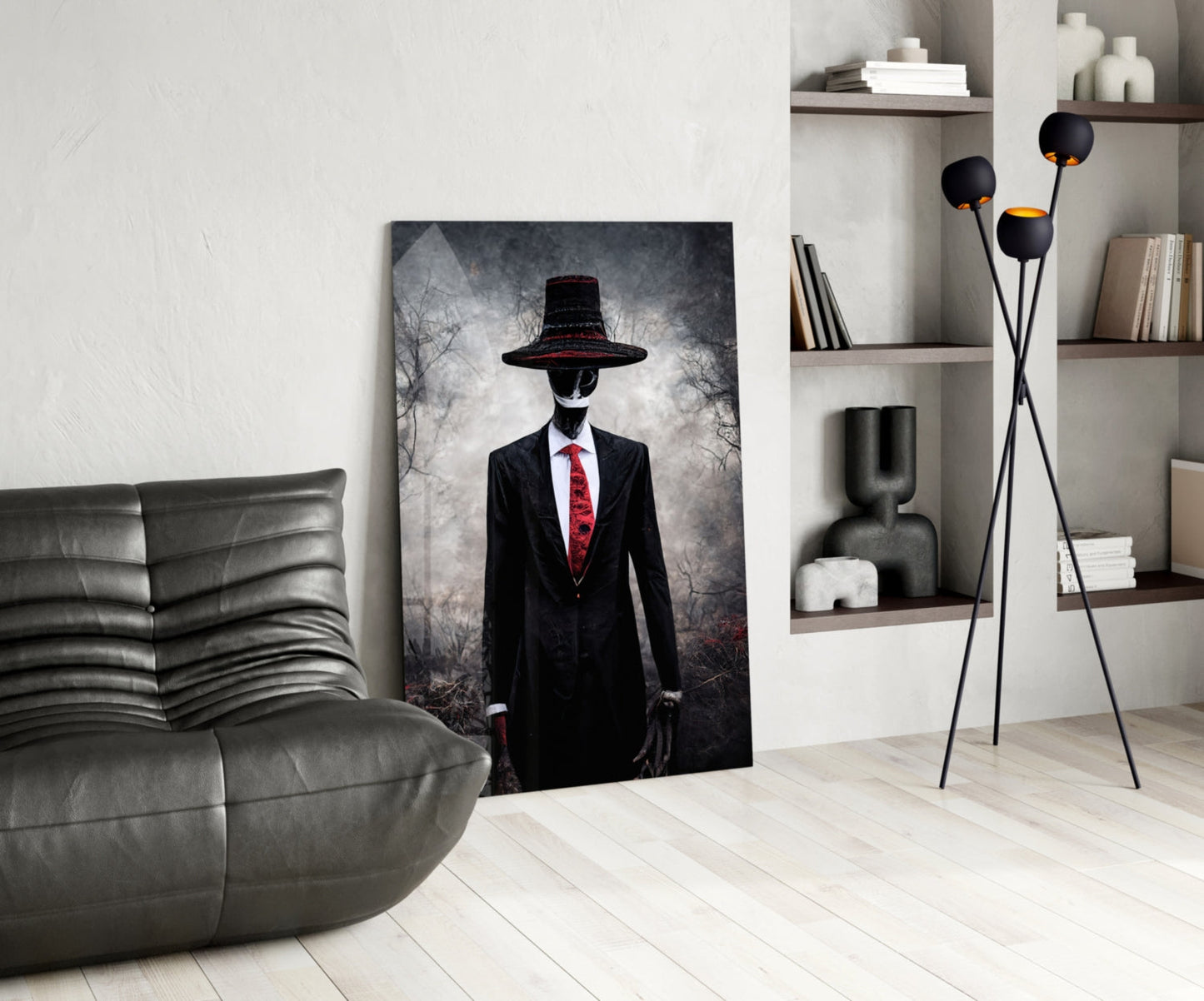 Modern interior room featuring a vertical glass art panel depicting a figure in black suit and red tie wearing a wide-brimmed hat against a moody gray background.