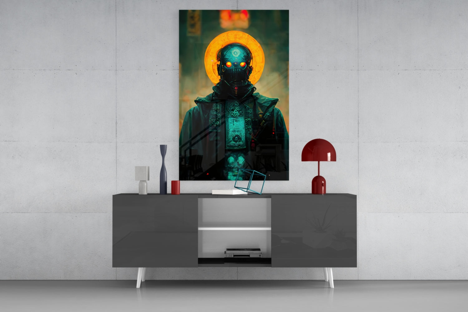 Glass wall art displaying a dark robotic figure with glowing cyan eyes and golden halo, mounted above gray console table.