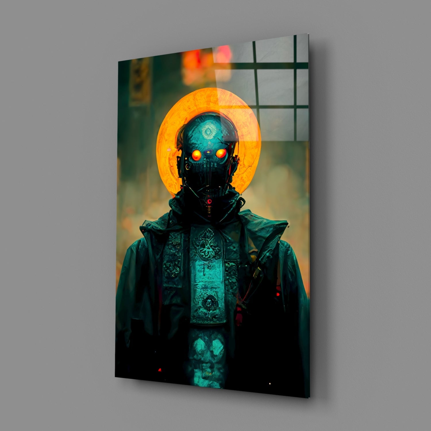 Glass wall art featuring a figure with glowing orange eyes and halo against teal-toned clothing, displayed on gray wall.