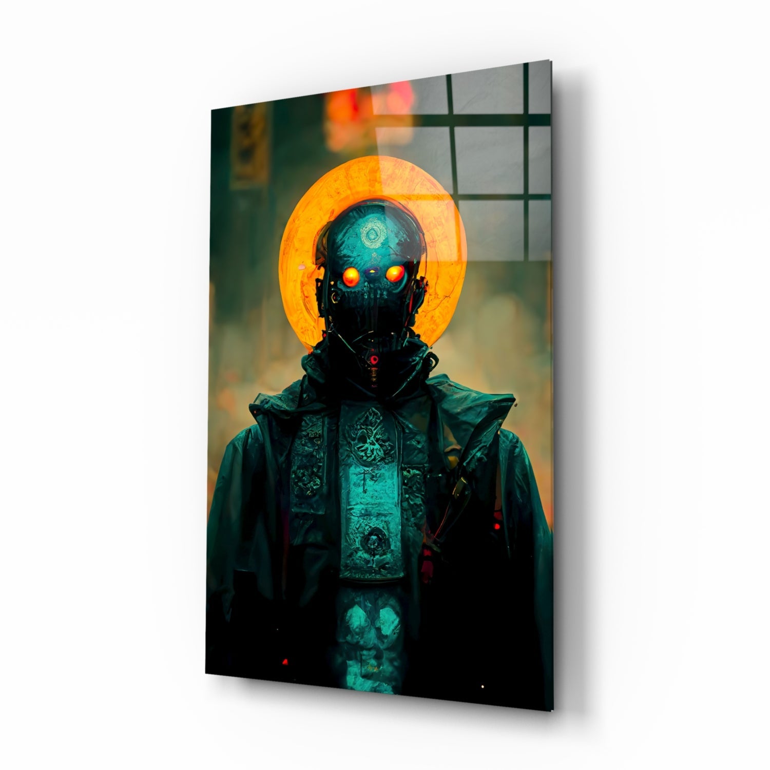 Dark robotic figure with glowing orange eyes and halo, wearing teal patterned robes, displayed on angled glass panel.